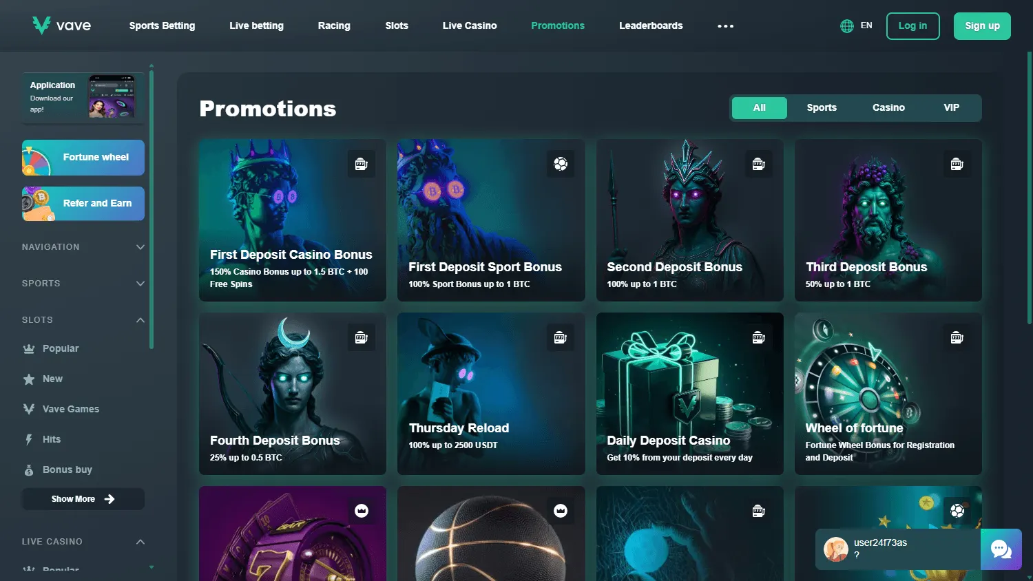 Vave Casino desktop promotions area showing casino offers and tournament rewards