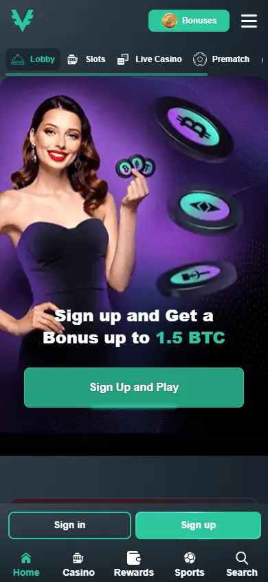 Vave Casino mobile home interface with casino and sportsbook features