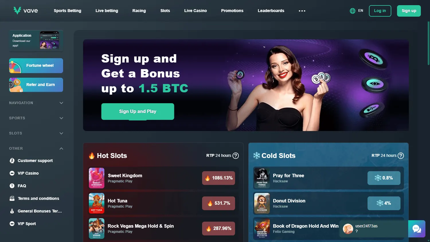 Vave Casino desktop home interface with casino, sportsbook and promotional features