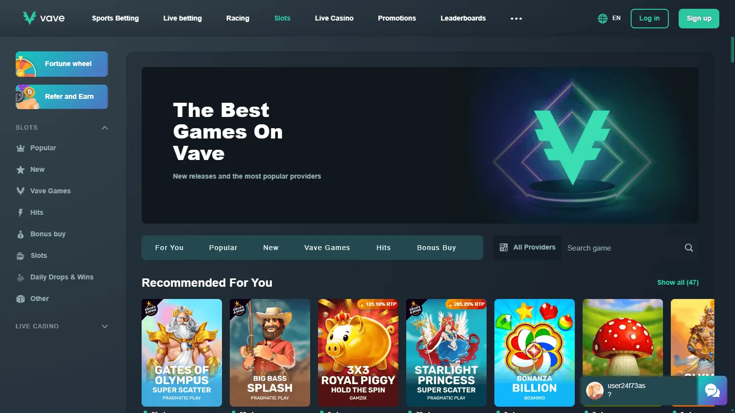 Vave Casino desktop games area with casino and live game categories